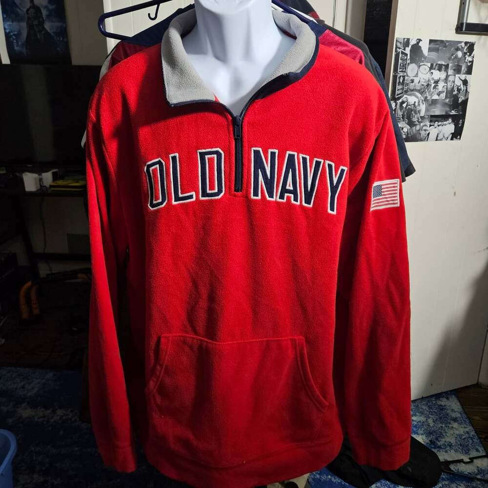 Vintage Old Navy Red Quarter Zip Fleece Spellout sweatshirt with USA patch XXL